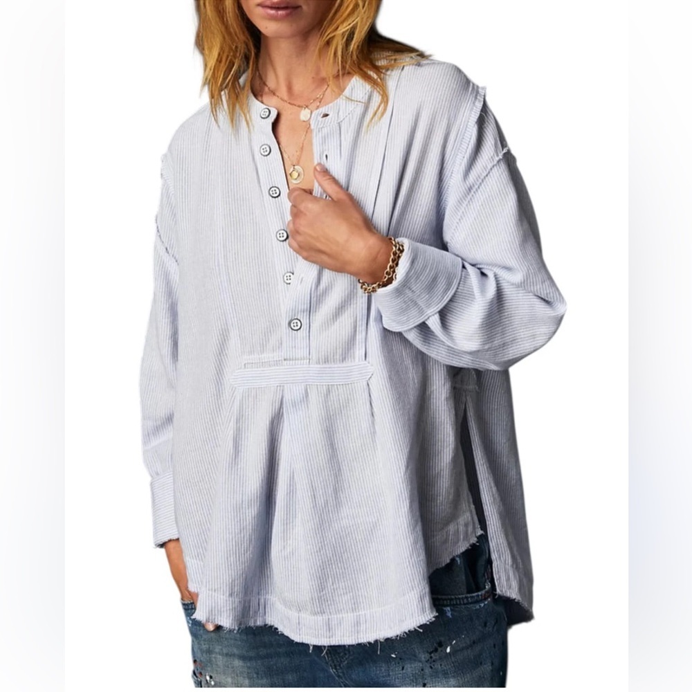 WE THE FREE Edge Washed Pinstripe Cotton Shirt Popover Blue Size Small